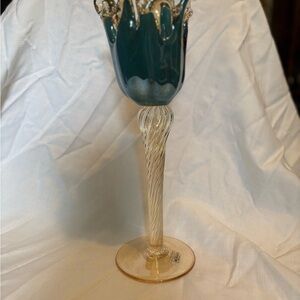 Elegant Murano Blue and Gold Glass Candle Holder